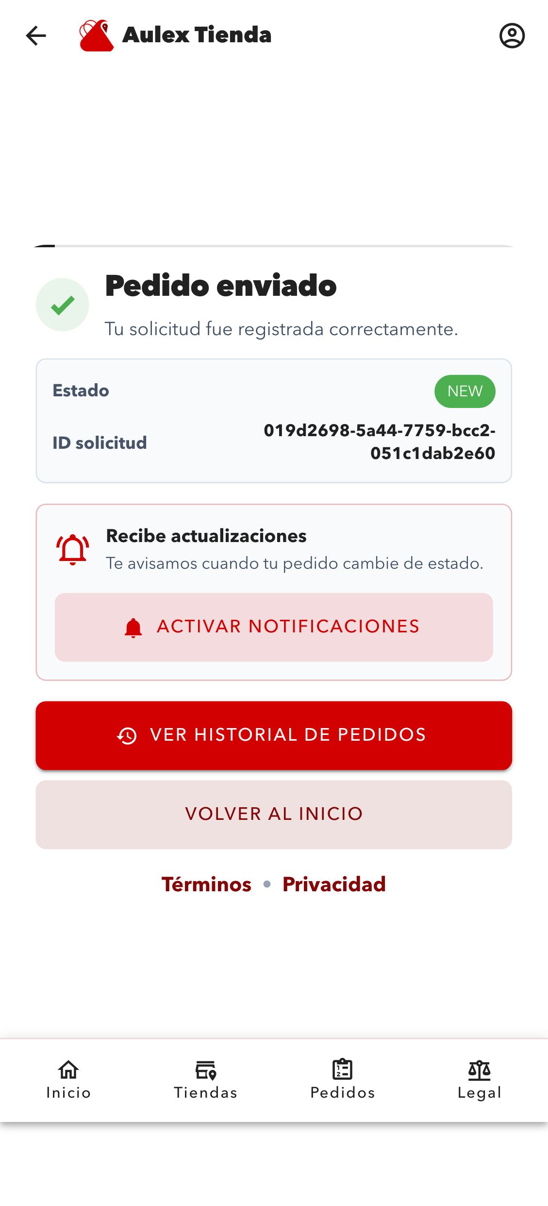 Pantalla de confirmación de pedido