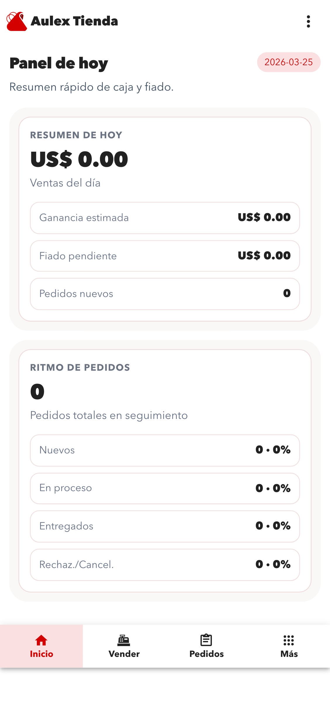 Panel principal de Aulex Tienda