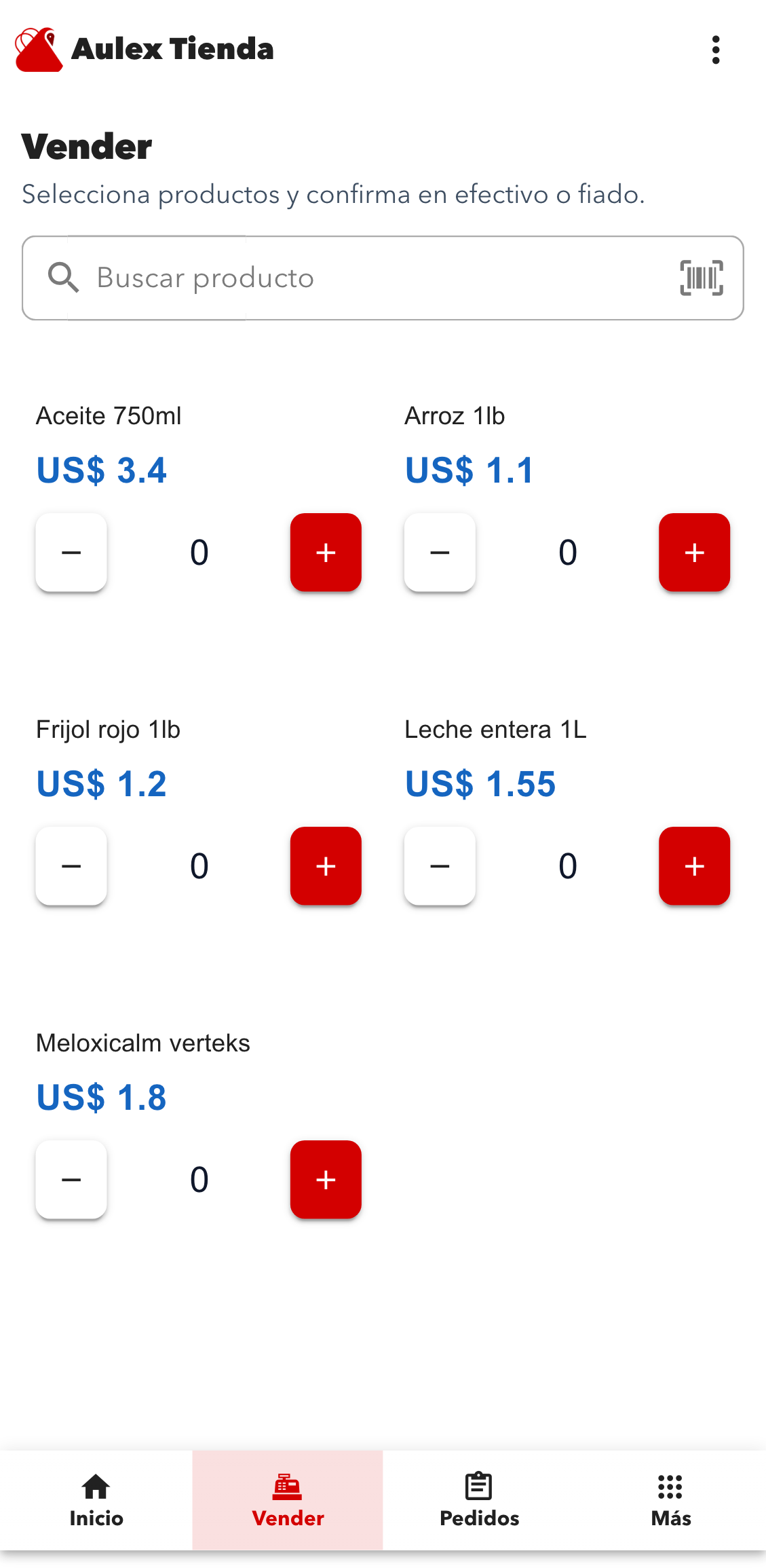 Vista Vender con listado de productos