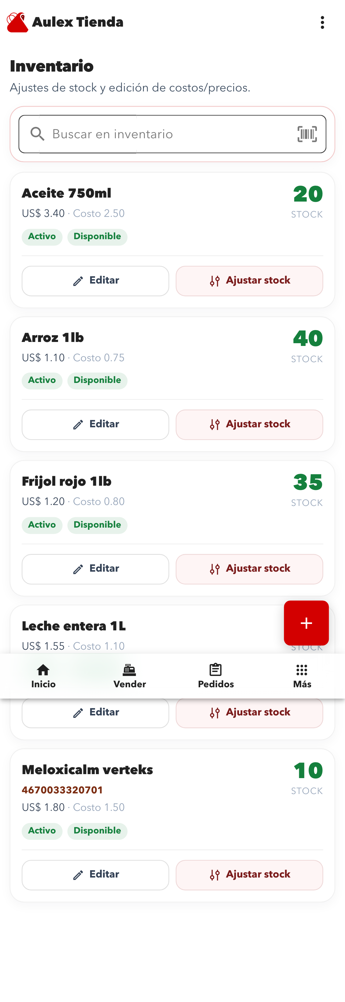 Listado de inventario en Aulex Tienda