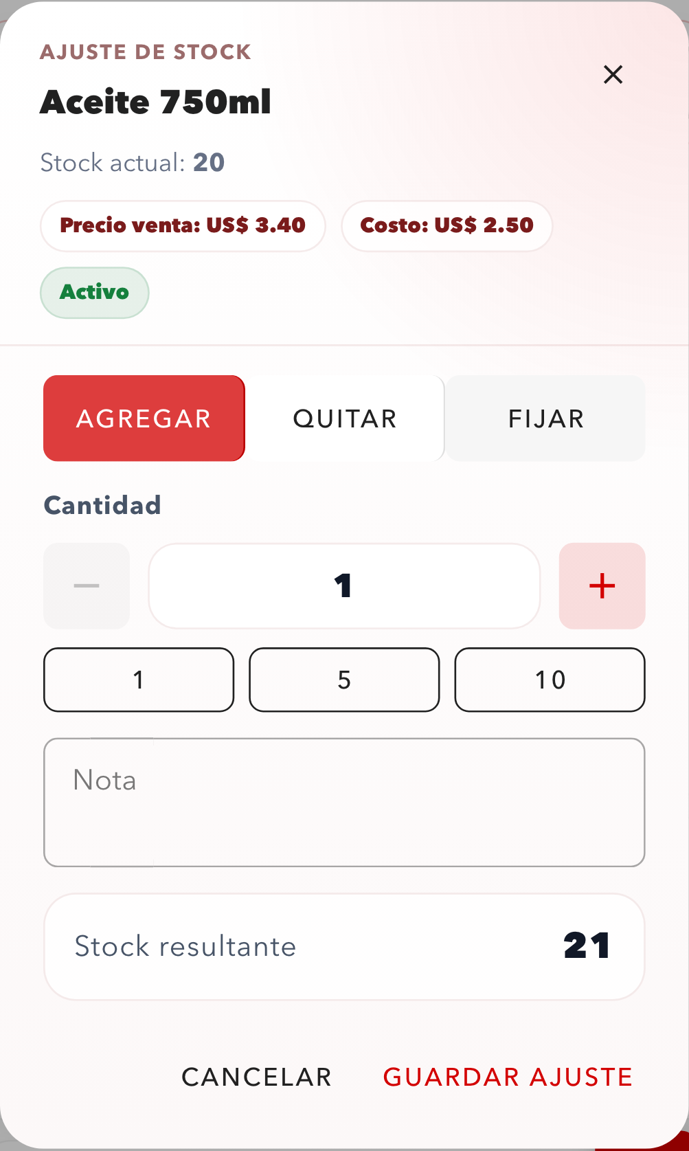 Diálogo de ajuste de inventario